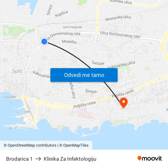 Brodarica 1 to Klinika Za Infektologiju map
