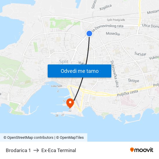 Brodarica 1 to Ex-Eca Terminal map