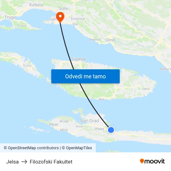 Jelsa to Filozofski Fakultet map