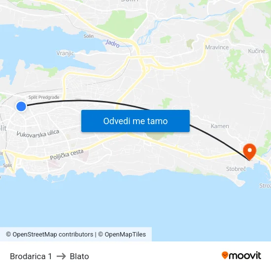 Brodarica 1 to Blato map