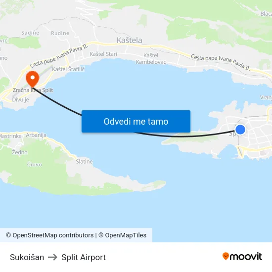 Sukoišan to Split Airport map