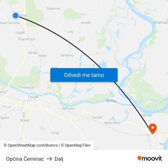 Općina Čeminac to Dalj map