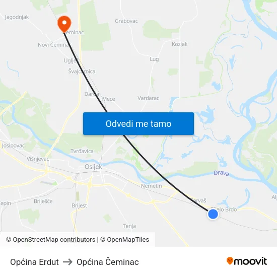 Općina Erdut to Općina Čeminac map