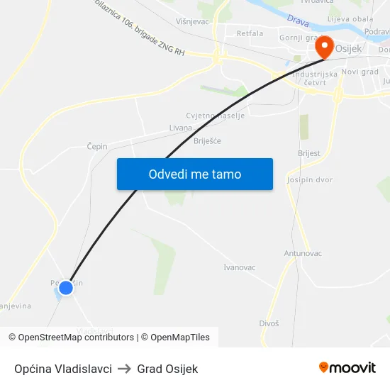 Općina Vladislavci to Grad Osijek map