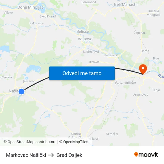 Markovac Našički to Grad Osijek map
