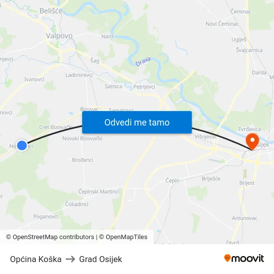 Općina Koška to Grad Osijek map