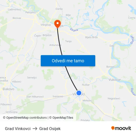 Grad Vinkovci to Grad Osijek map