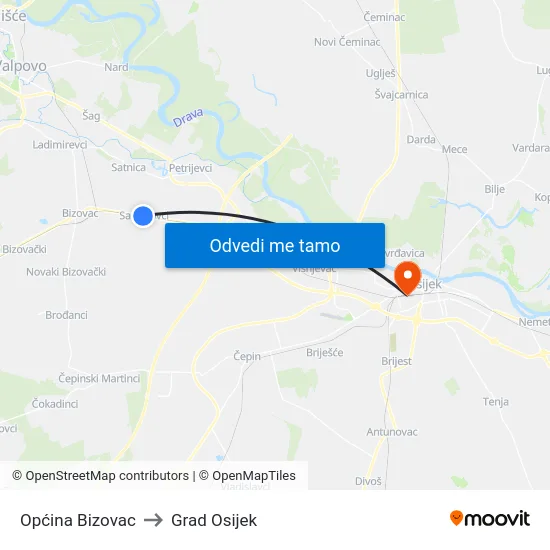 Općina Bizovac to Grad Osijek map