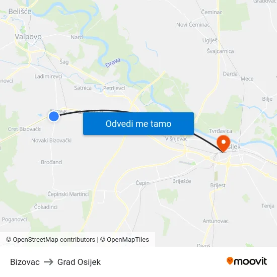 Bizovac to Grad Osijek map