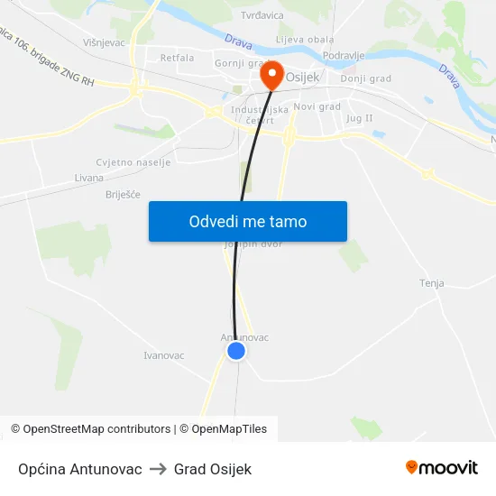 Općina Antunovac to Grad Osijek map