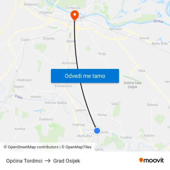Općina Tordinci to Grad Osijek map
