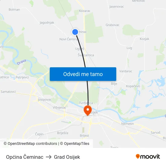 Općina Čeminac to Grad Osijek map