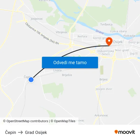 Čepin to Grad Osijek map