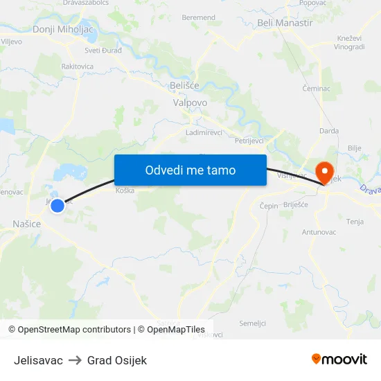 Jelisavac to Grad Osijek map