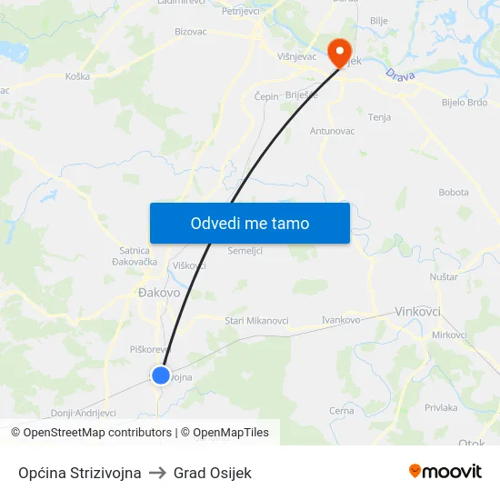 Općina Strizivojna to Grad Osijek map