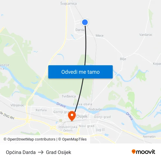 Općina Darda to Grad Osijek map