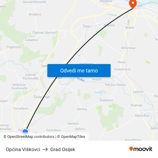 Općina Viškovci to Grad Osijek map