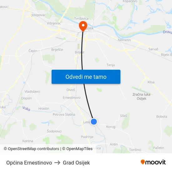 Općina Ernestinovo to Grad Osijek map