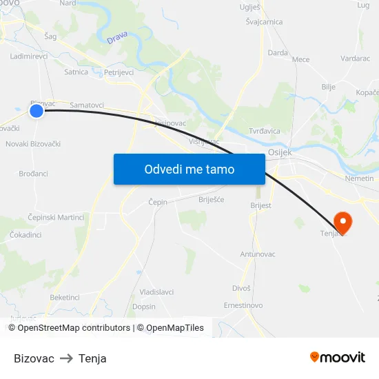 Bizovac to Tenja map