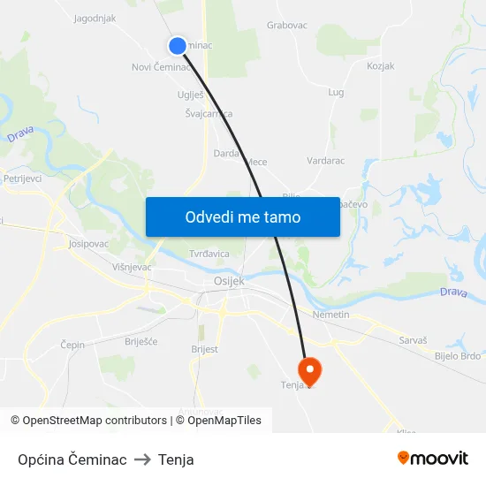 Općina Čeminac to Tenja map