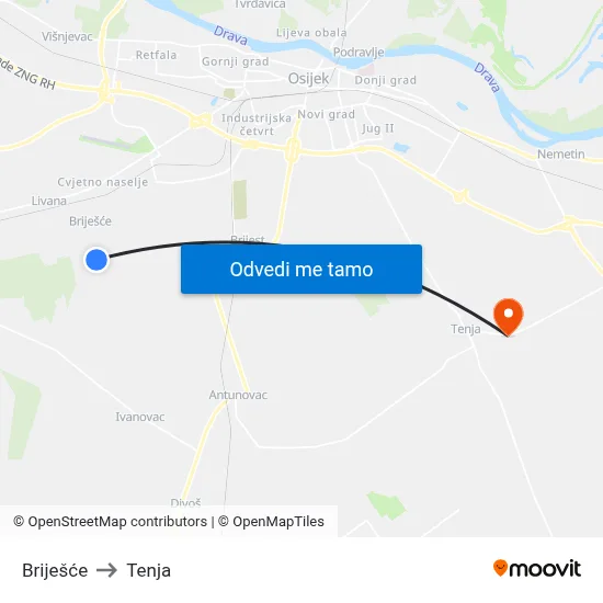 Briješće to Tenja map