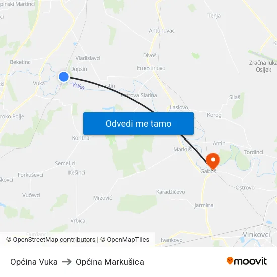 Općina Vuka to Općina Markušica map