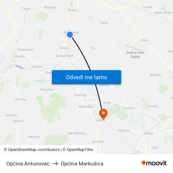 Općina Antunovac to Općina Markušica map