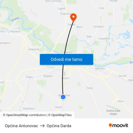 Općina Antunovac to Općina Darda map