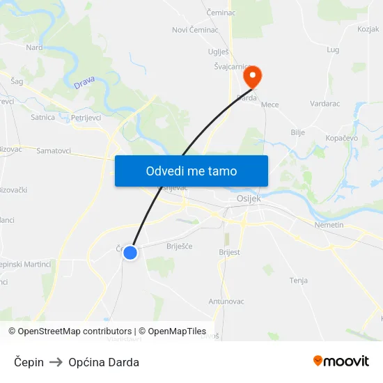 Čepin to Općina Darda map