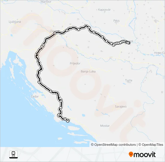 OSIJEK - SPLIT Train Line Map