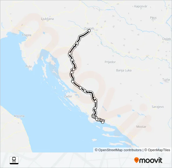 ČAKOVEC - SPLIT Train Line Map