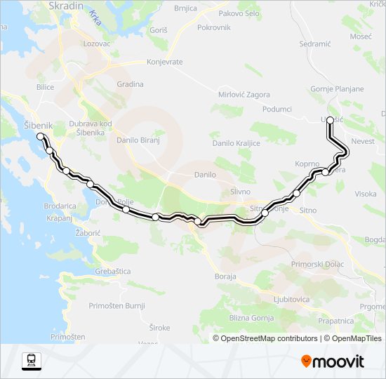 ŠIBENIK - UNEŠIĆ vlak karta linije