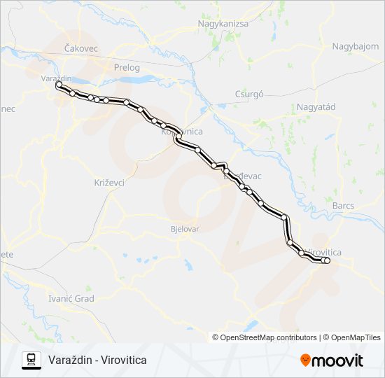 VARAŽDIN - VIROVITICA train Line Map