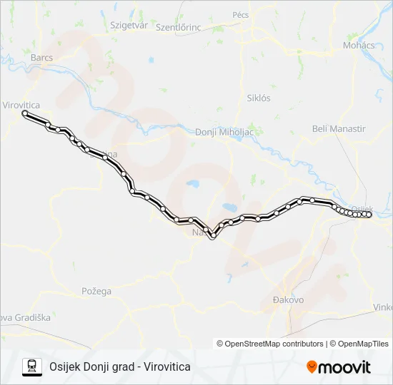 OSIJEK DONJI GRAD - VIROVITICA Train Line Map