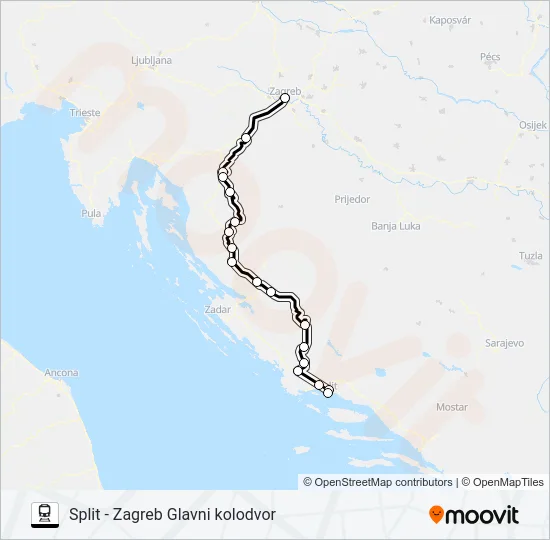 SPLIT - ZAGREB GLAVNI KOLODVOR Train Line Map