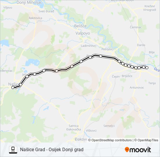 NAŠICE GRAD - OSIJEK DONJI GRAD train Line Map
