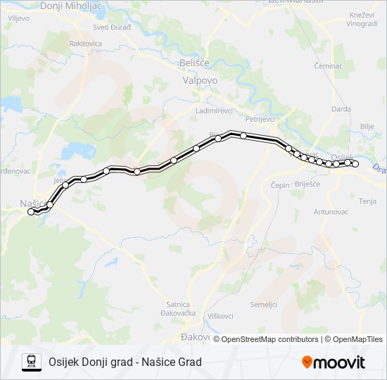 OSIJEK DONJI GRAD - NAŠICE GRAD train Line Map