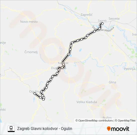ZAGREB GLAVNI KOLODVOR - OGULIN vlak karta linije
