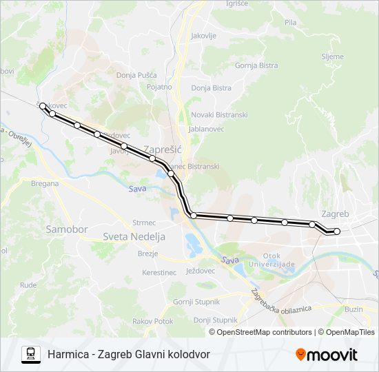 HARMICA - ZAGREB GLAVNI KOLODVOR vlak karta linije