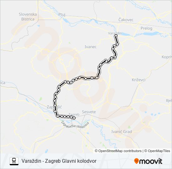 VARAŽDIN - ZAGREB GLAVNI KOLODVOR train Line Map