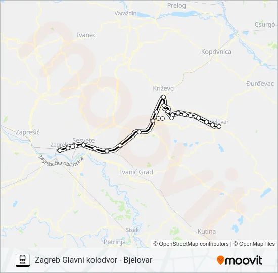 ZAGREB GLAVNI KOLODVOR - BJELOVAR Train Line Map