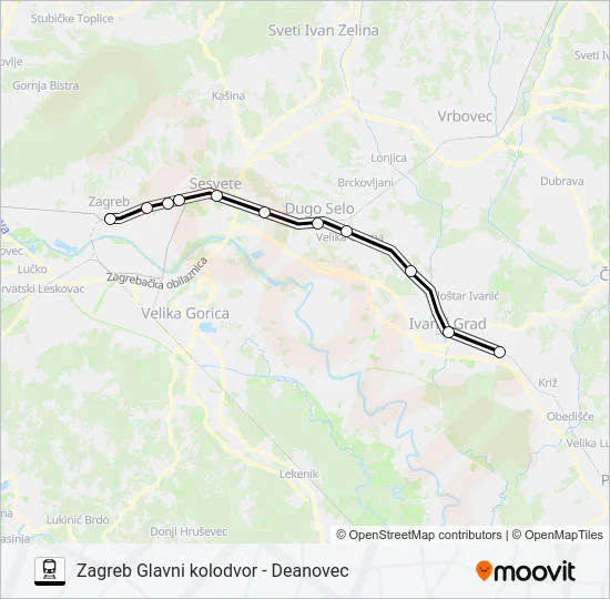ZAGREB GLAVNI KOLODVOR - DEANOVEC Train Line Map