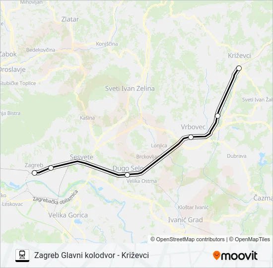 ZAGREB GLAVNI KOLODVOR - KRIŽEVCI Train Line Map