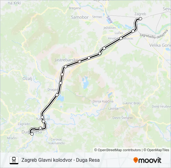 ZAGREB GLAVNI KOLODVOR - DUGA RESA Train Line Map
