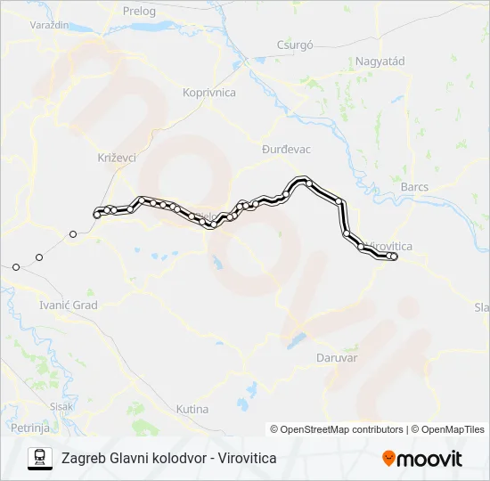 ZAGREB GLAVNI KOLODVOR - VIROVITICA Train Line Map