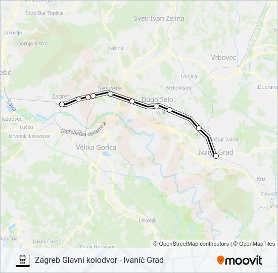ZAGREB GLAVNI KOLODVOR - IVANIĆ GRAD Train Line Map