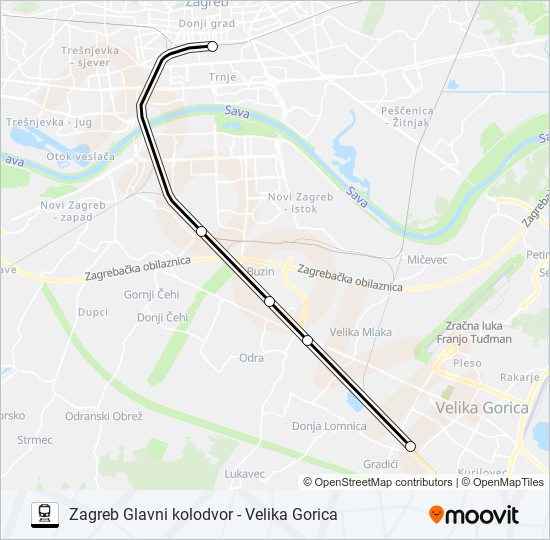 ZAGREB GLAVNI KOLODVOR - VELIKA GORICA train Line Map