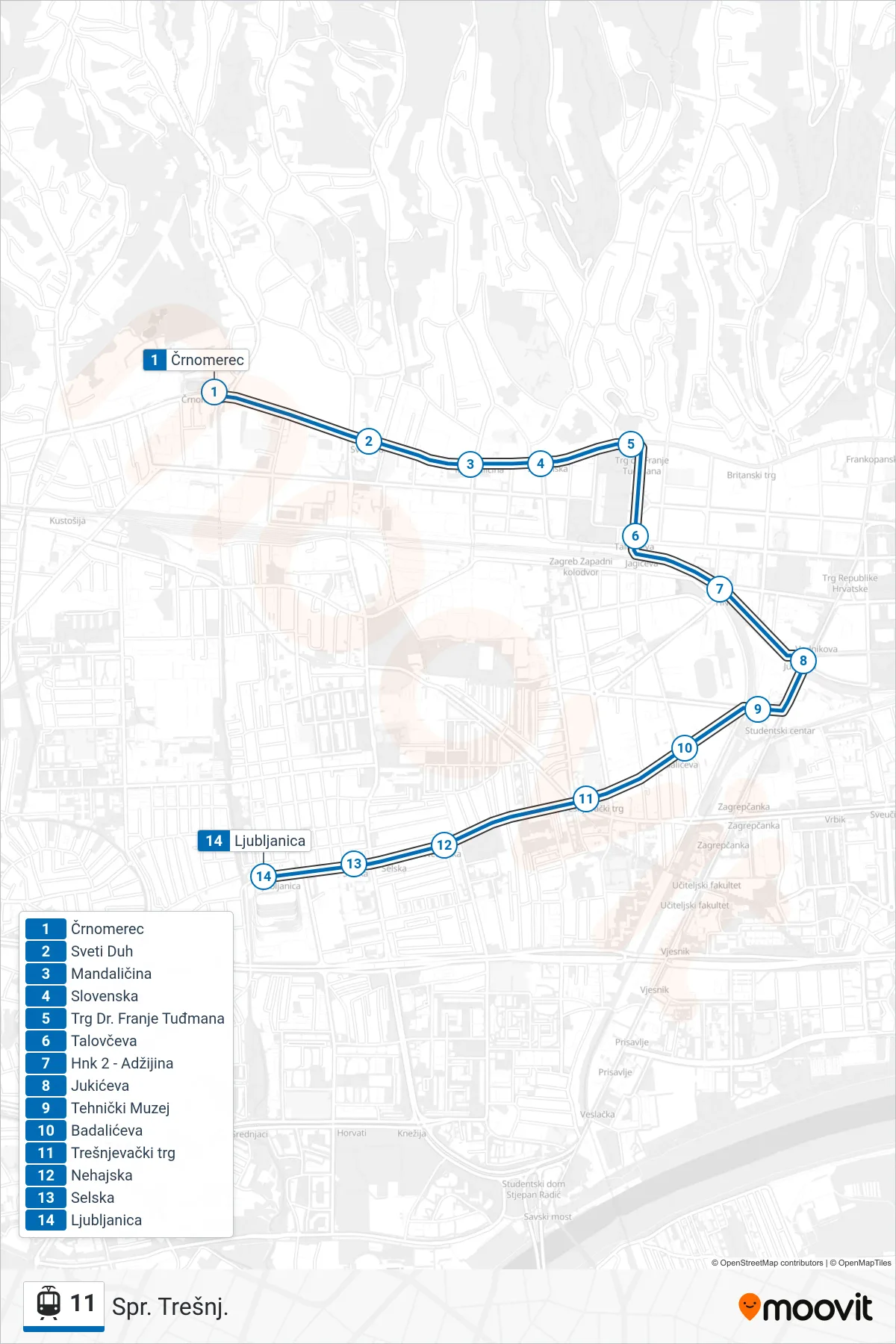 11 tram Line (Spr. Trešnj.) route and stops on a map