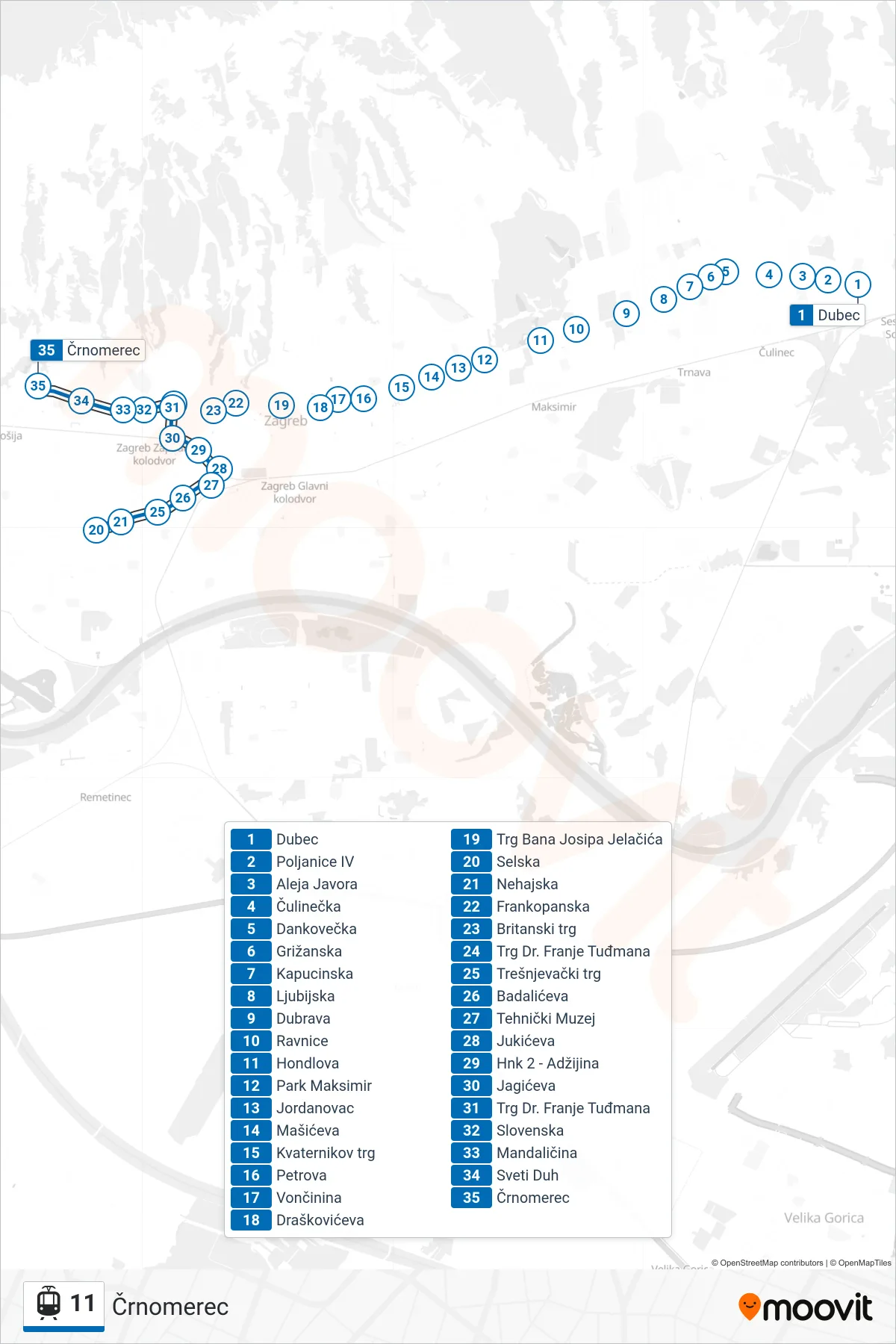 Linija 11 tramvaj, (Črnomerec) – ruta i stanice na karti