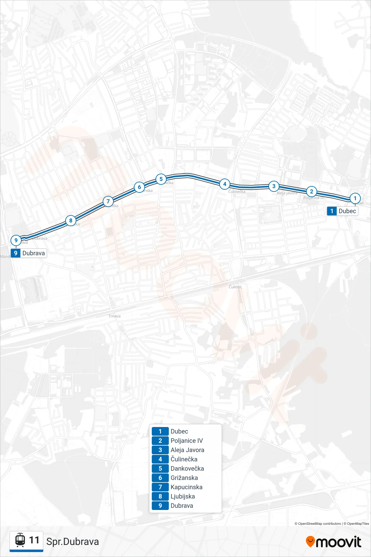 11 tram Line (Spr.Dubrava) route and stops on a map